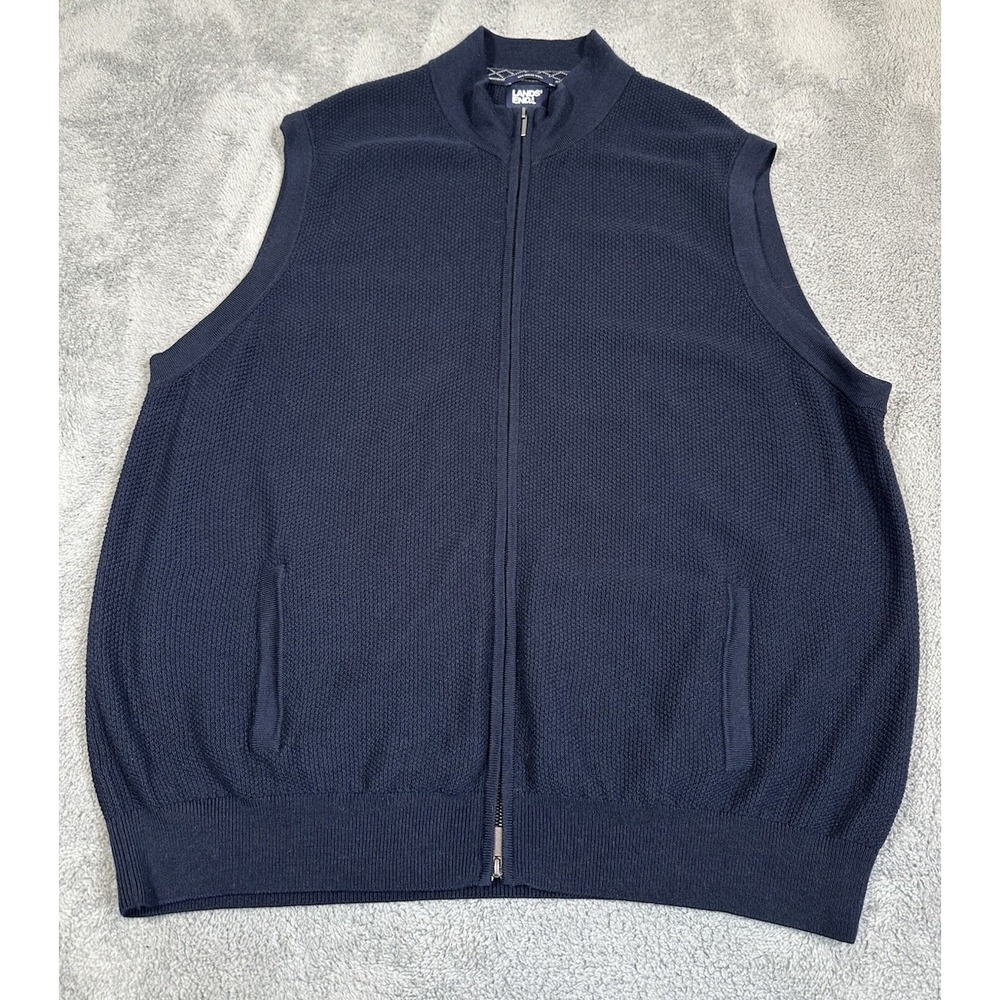 Lands End Vest Mens XXL Blue Merino Wool Full Zip Preppy Outdoor Textured Knit